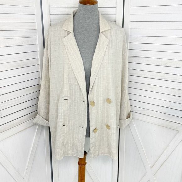 Zara Crinkled Look Slouchy Blazer Tan Medium Linen Blend Double Breasted - Picture 1 of 13